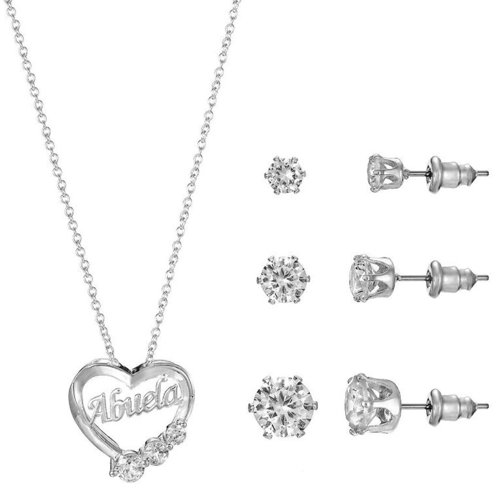 PRIMAVERA 4pc Heart 'Abuela' Grandma Clear CZ Silver Plated Necklace/Earrings